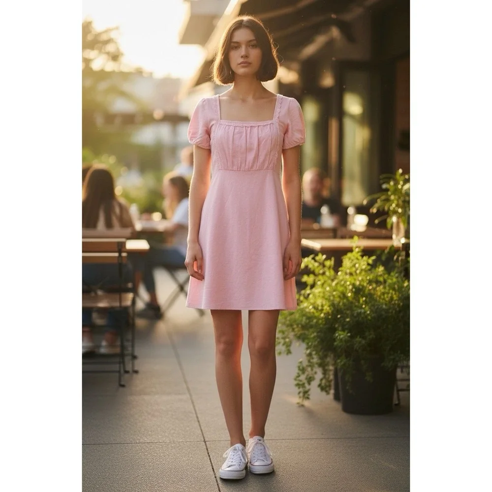Hollister‎ Dress XL Milkmaid Puff Sleeve Smocked Short Eyelet Lace Y2K NWT Pink